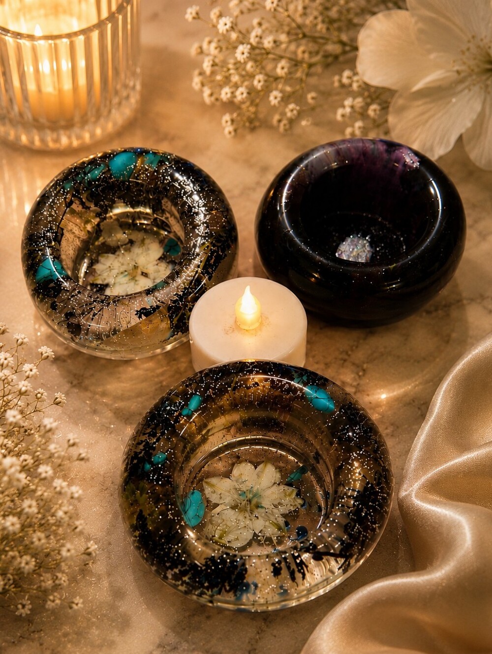 Elegant Resin Tealight Holders - Black, Blue, Purple